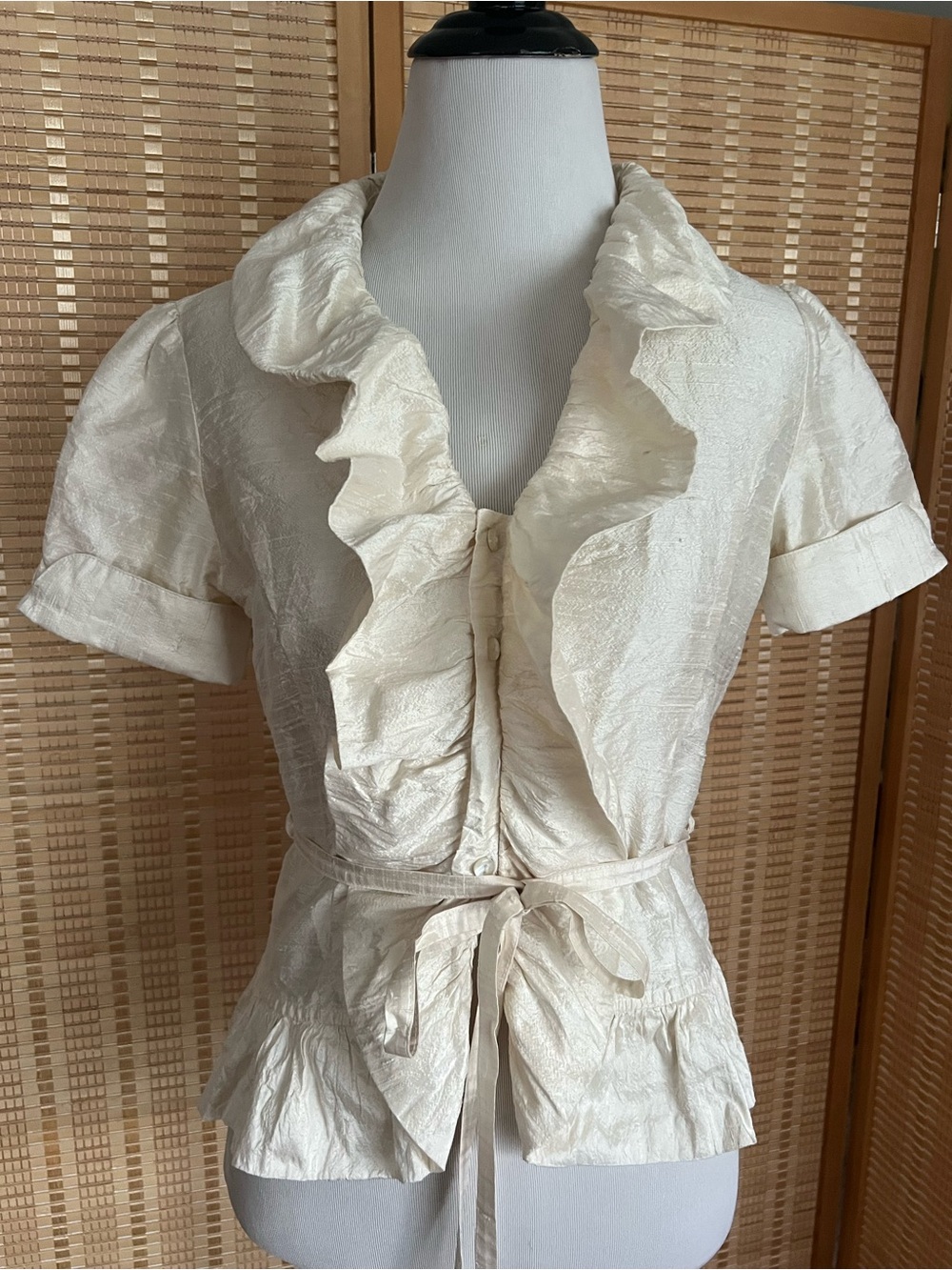 Naracamicie Silk Cream Ruffle-Front Tie-Waist Blouse